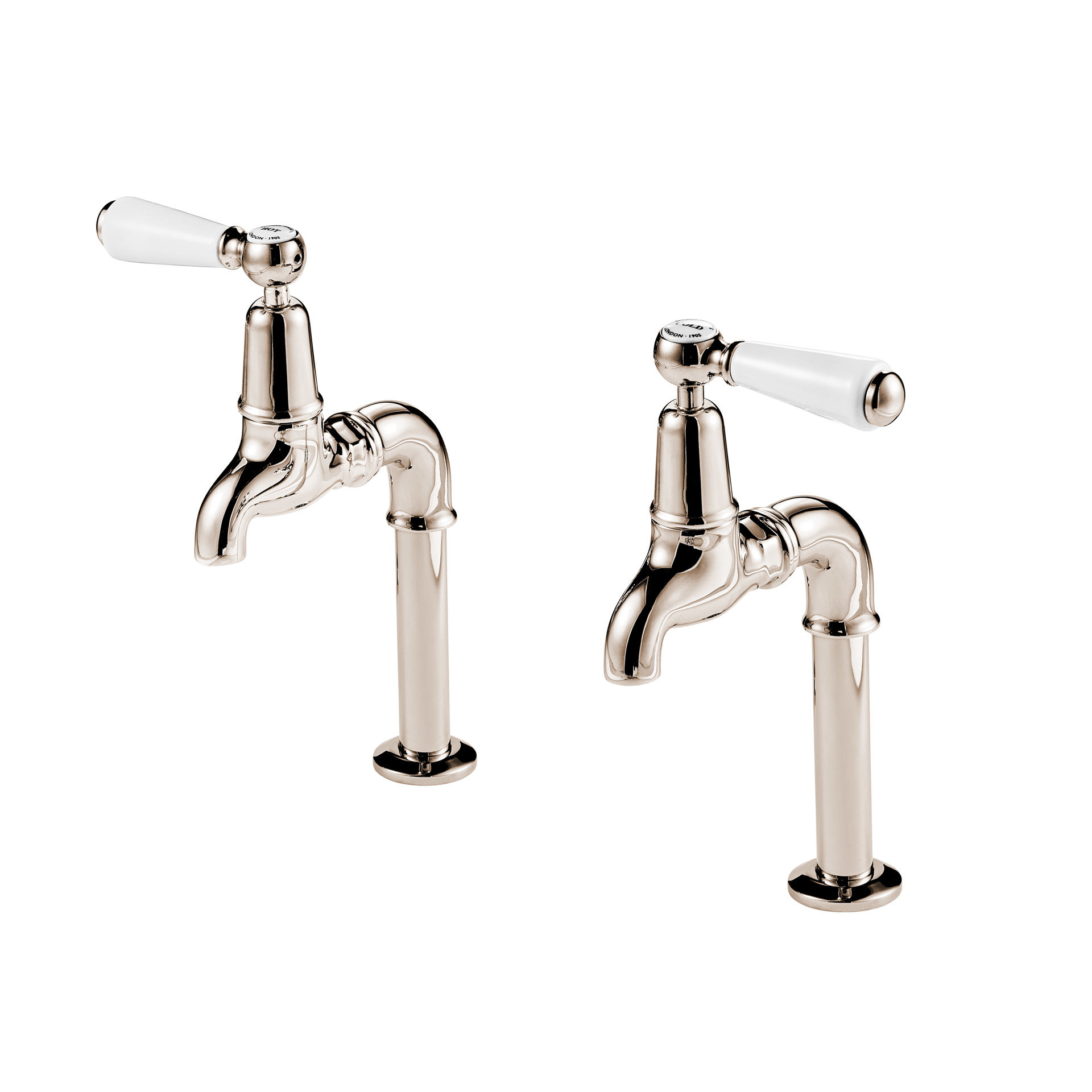 Barber Wilsons 6 Inch Polished Nickel Bib Taps with China Lever - Regent 260, 1900's Style