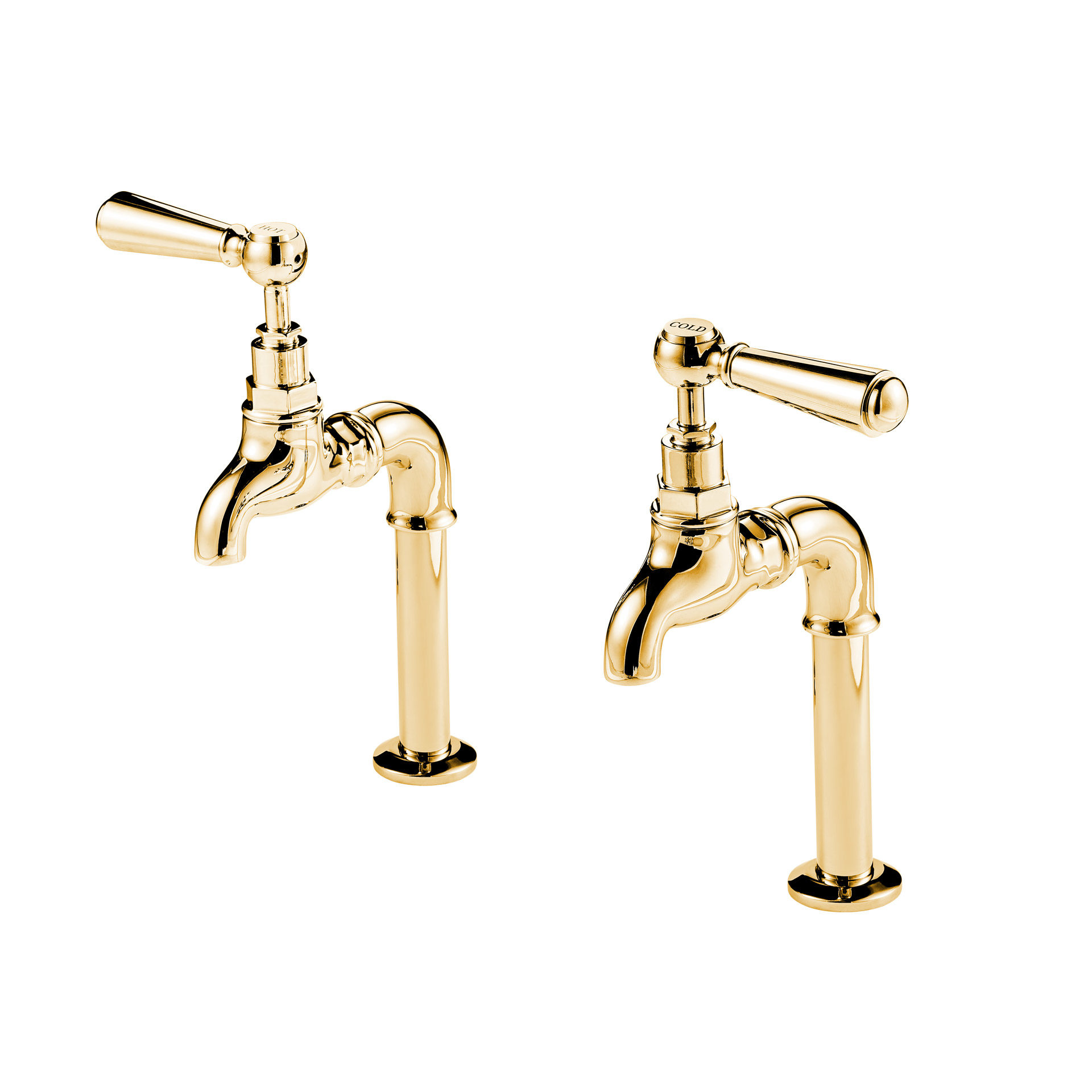Barber Wilsons 6 Inch Deck Mounted Bib Taps in Polished Brass with Metal Lever - Regent 260, 1890's Style