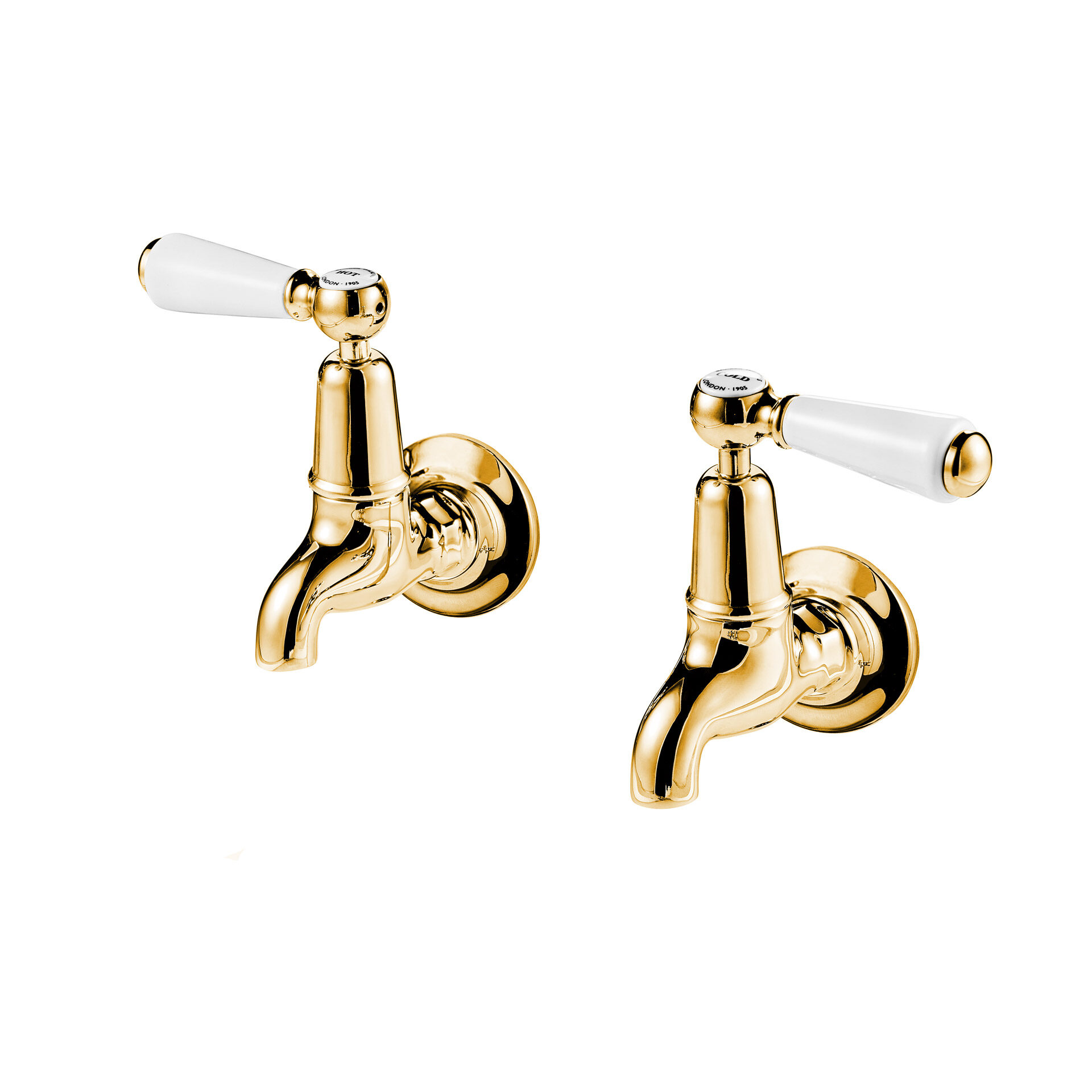 1900’s style wall mounted bib taps with ceramic lever handle in polished brass