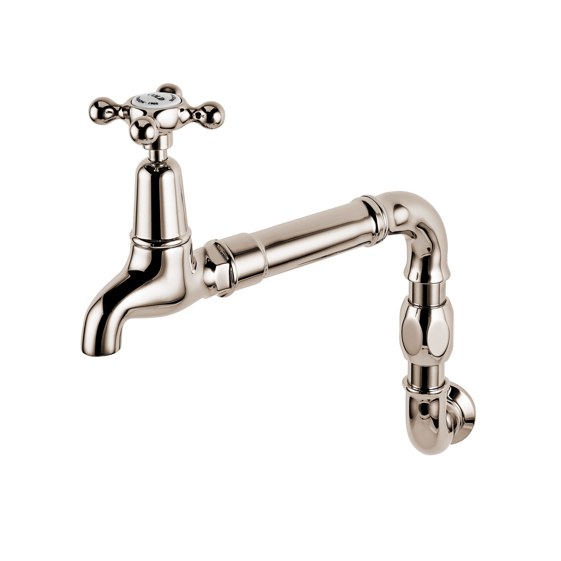 Wall mounted kitchen tap with swinging arm in polished nickel