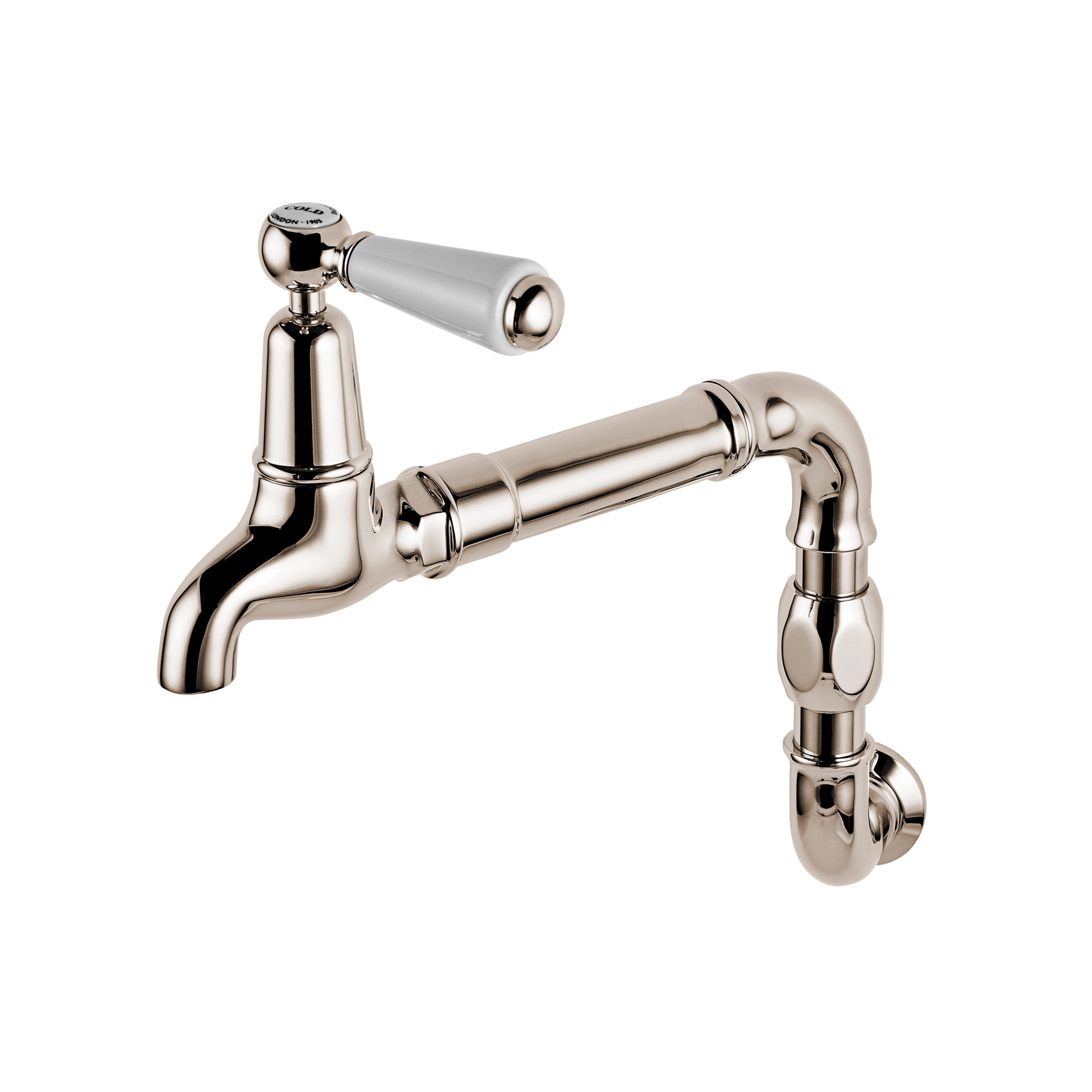 Wall mounted kitchen tap with china white lever and swinging arm
