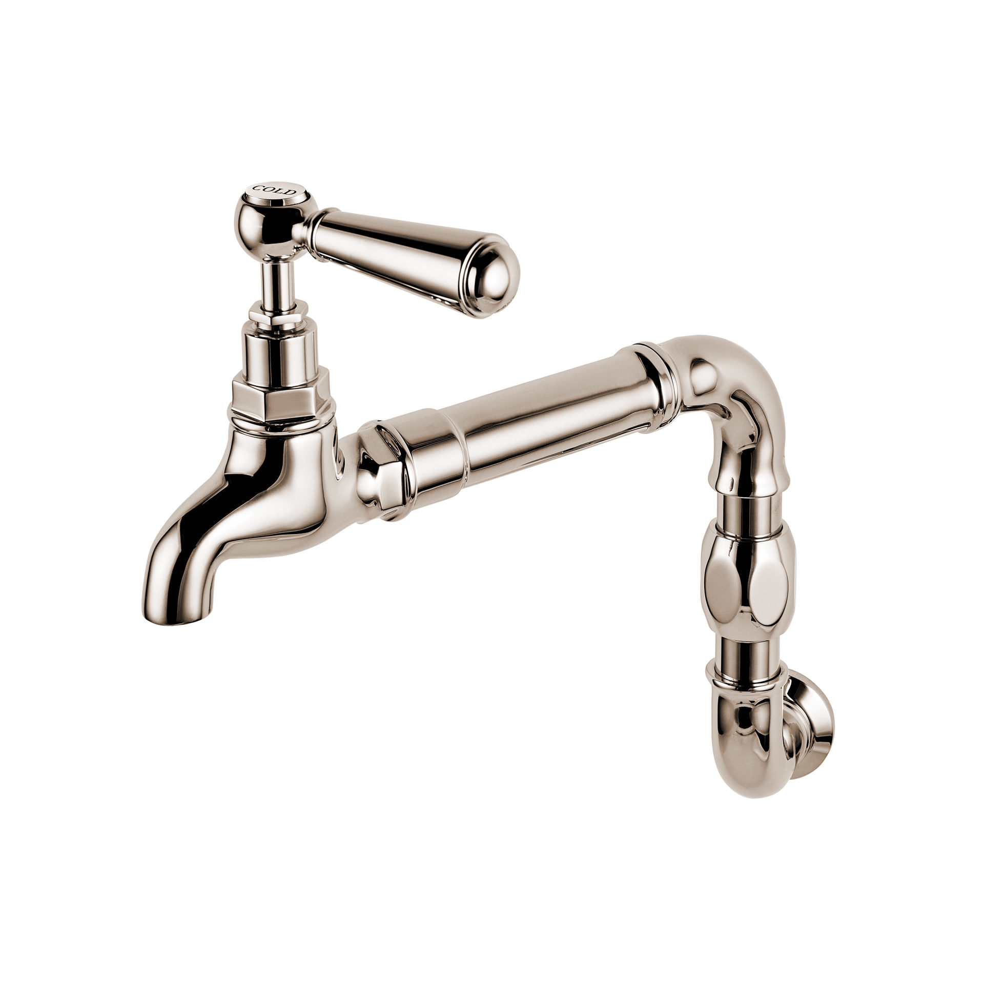 Wall mounted kitchen tap in polished nickel with lever